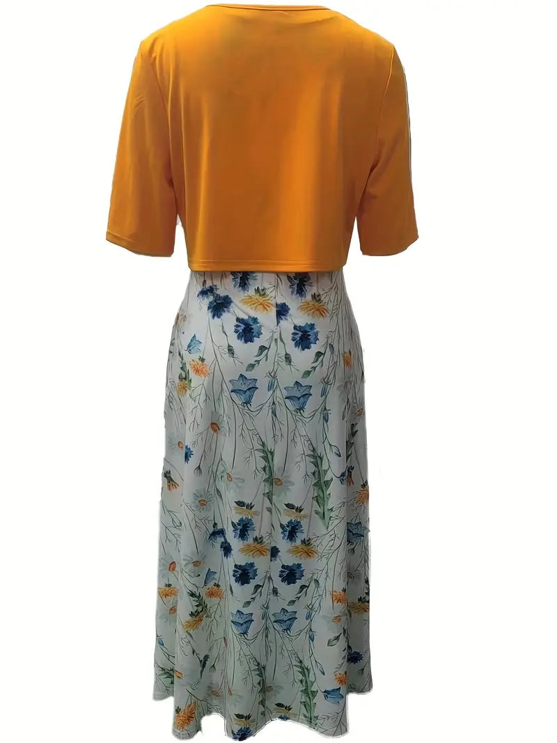 Ensemble Chic de Robe Fleurie à Deux Pièces avec Haut Uni à Col Rond