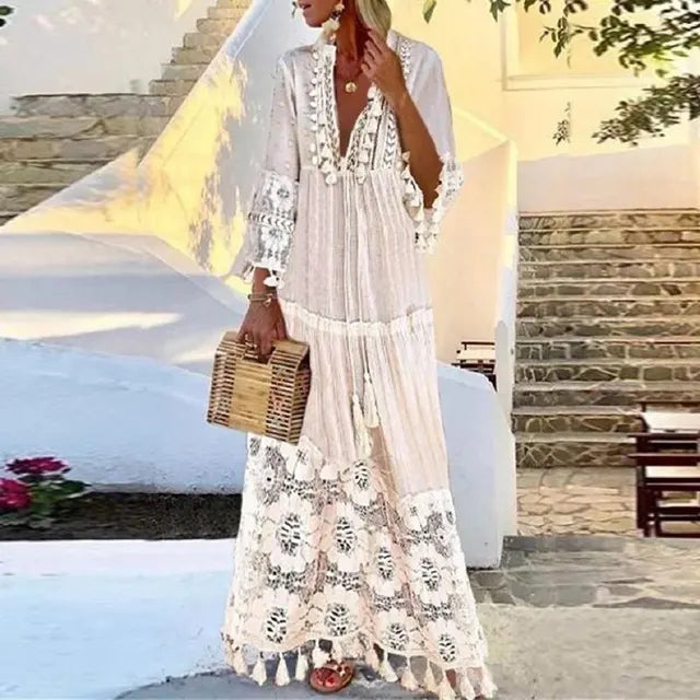 Maxi Robe en Dentelle avec Franges Style Boho Chic