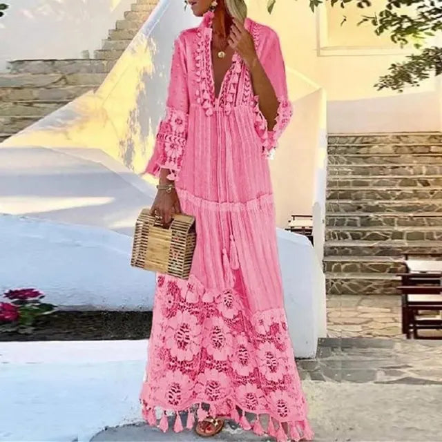 Maxi Robe en Dentelle avec Franges Style Boho Chic