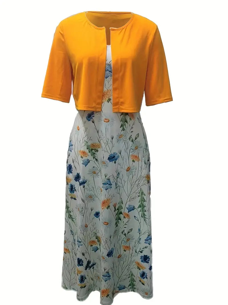 Ensemble Chic de Robe Fleurie à Deux Pièces avec Haut Uni à Col Rond