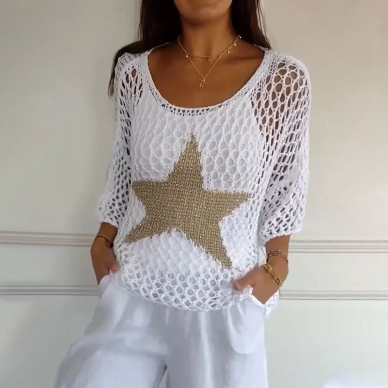 Femme Blouse en Crochet à Col Rond